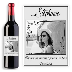 Étiquette bouteille de vin personnalisable avec photo - Modèle anniversaire noir et blanc Tendance Cadeau - 1