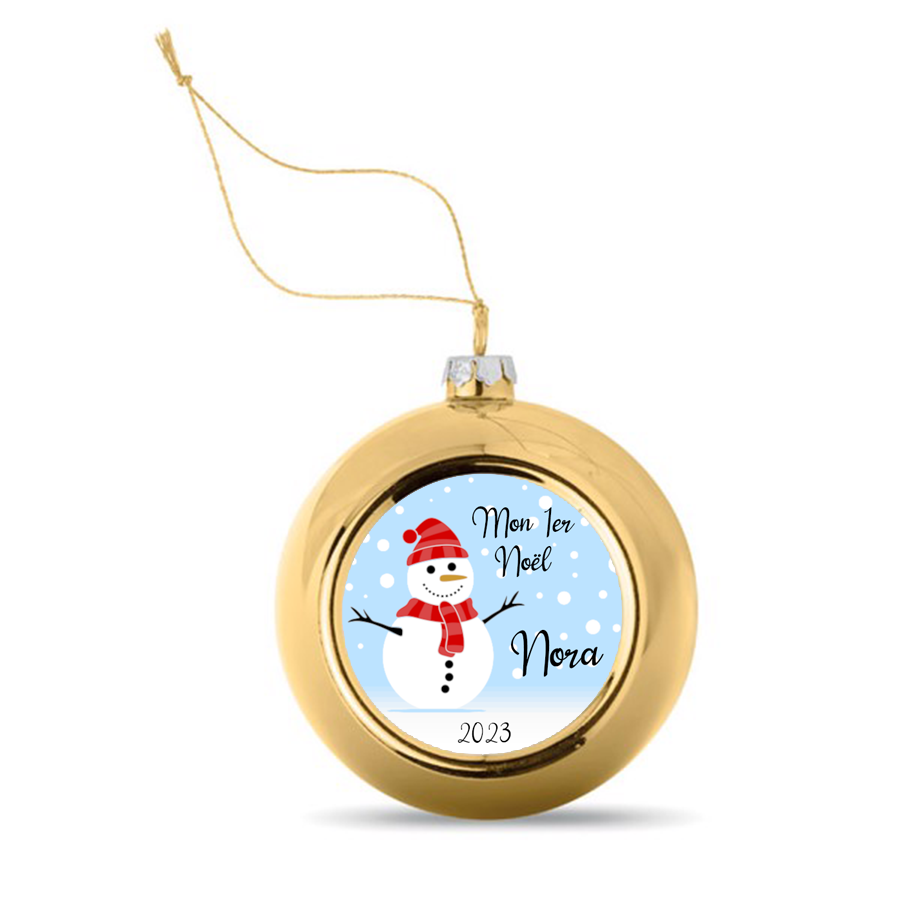 Boule De Noël Personnalisable - 10 Cm - Acrylique - Motif Bonhomme De Neige - Avec Prénom Gravé