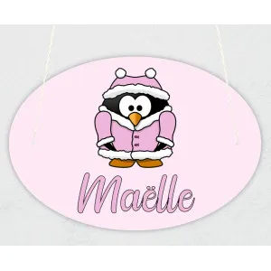 Plaque de porte personnalisable modèle pingouin rose Tendance Cadeau - 1