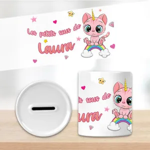 Tirelire chaton rose personnalisée en céramique – Prénom au choix Tendance Cadeau - 1