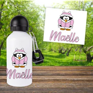 Gourde ou bouteille enfant personnalisée modèle pingouin rose Tendance Cadeau - 1