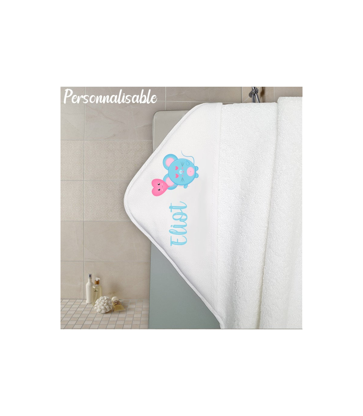 Sortie de bain personnalisée pour bébé Modèle souris Cape de bain en éponge personnalisable pour enfant Avec prénom 100% coton 80 x 80 cm 
