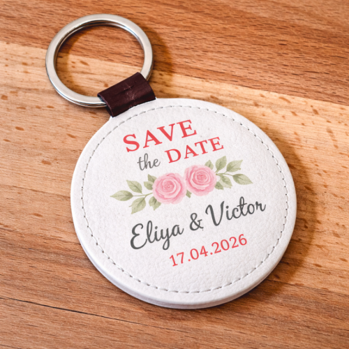 Porte-clé simili cuir rond personnalisable Save the Date fleurs Tendance Cadeau - 1