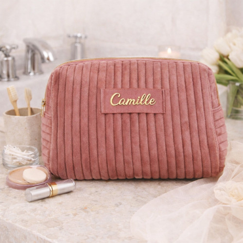 Trousse de toilette en velours côtelé rose personnalisable  - 1
