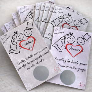 Jeu des 12 mois gris et violet – 24 cartes à gratter pour animation de mariage
