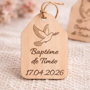 Étiquette bois personnalisée colombe – Décoration baptême prénom & date Tendance Cadeau - 1
