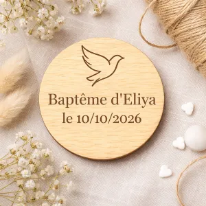 Magnet en bois rond personnalisé avec colombe – Cadeau invités baptême Tendance Cadeau - 1