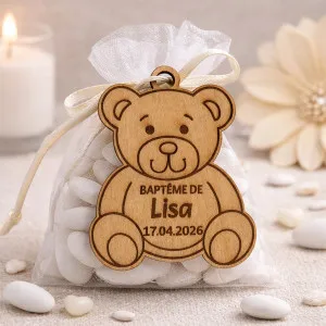 Étiquette baptême en bois personnalisée ourson - Prénom et date Tendance Cadeau - 1