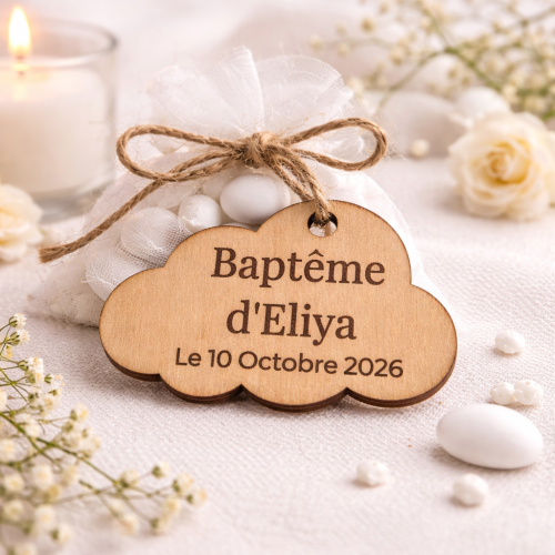 Étiquette en bois personnalisée nuage – Baptême, anniversaire, communion Tendance Cadeau - 1