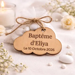 Étiquette en bois personnalisée nuage – Baptême, anniversaire, communion Tendance Cadeau - 1
