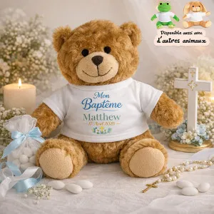 Peluche baptême personnalisée avec prénom et date – Ourson, lapin ou grenouille Tendance Cadeau - 1