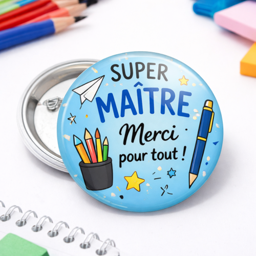 Badge, Magnet ou Porte-clé Super Maître – Merci pour tout Tendance Cadeau - 1