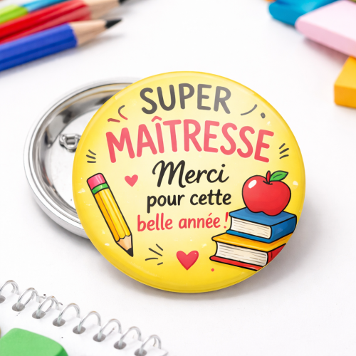 Badge, Magnet ou Porte-clé Super Maîtresse – Merci pour cette belle année Tendance Cadeau - 1