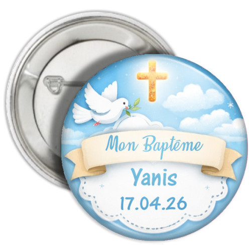 Badge baptême personnalisé bleu – prénom & date Tendance Cadeau - 2