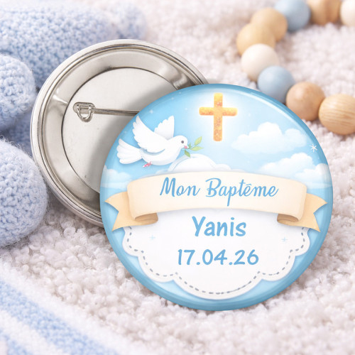 Badge baptême personnalisé bleu – prénom & date Tendance Cadeau - 1
