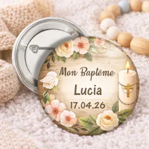 Badge baptême personnalisé fleurs – prénom & date Tendance Cadeau - 1