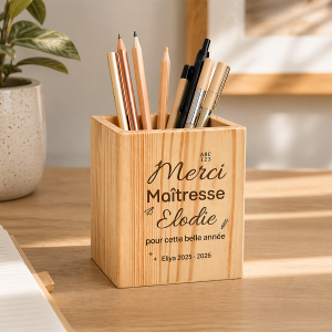 Pot à crayons en bois Merci personnalisable avec prénom et message Tendance Cadeau - 1
