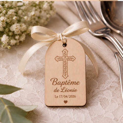 Étiquette en bois personnalisée pour mariage et baptême - Modèle croix Tendance Cadeau - 1
