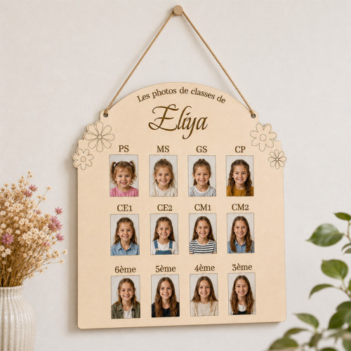 Pêle-mêle photos de classe personnalisé en bois – De la PS à la 3ème – Modèle Fleurs Tendance Cadeau - 1