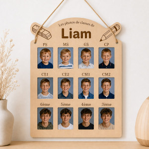 Pêle-mêle photos de classe personnalisé en bois – Modèle Gomme et Crayon – De la Petite Section à la 3ème