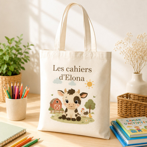 Sac à cahiers personnalisé Ferme avec prénom – Tote bag école Tendance Cadeau - 1