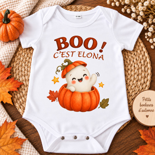 Body bébé Halloween personnalisé « Boo ! » avec prénom Tendance Cadeau - 1