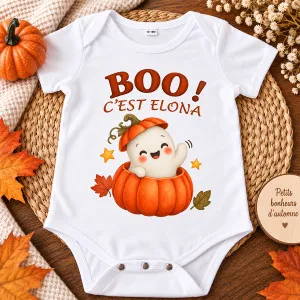 Body bébé Halloween personnalisé « Boo ! » avec prénom Tendance Cadeau - 1