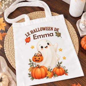 Tote bag Halloween personnalisé avec prénom – Fantôme et citrouilles Tendance Cadeau - 1