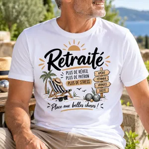 T-shirt Retraite adulte « Plus de réveil, plus de patron, plus de stress » Tendance Cadeau - 1