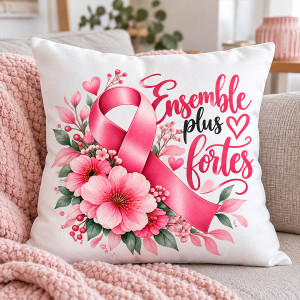 Coussin Octobre Rose « Ensemble plus fortes » – Ruban rose fleuri Tendance Cadeau - 1