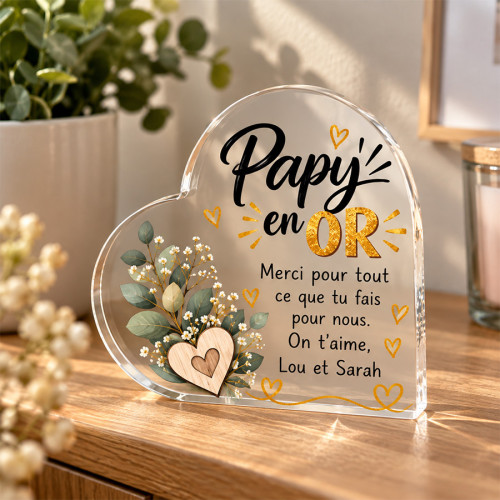 Cœur en acrylique personnalisé « Papy en or » avec message  - 1