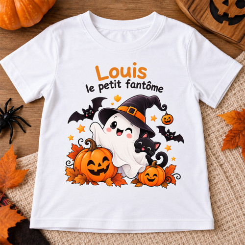 T-shirt Halloween enfant personnalisé avec prénom – Petit fantôme et citrouilles Tendance Cadeau - 1