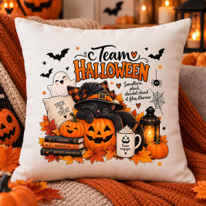 Coussin Halloween « Team Halloween » – Chat noir, citrouilles et fantôme Tendance Cadeau - 1