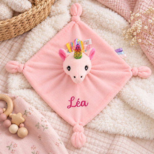 Doudou licorne rose personnalisé avec prénom brodé et grelot Tendance Cadeau - 1