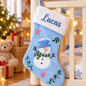 Chaussette de Noël bonhomme de neige bleue personnalisée avec prénom brodé Tendance Cadeau - 1