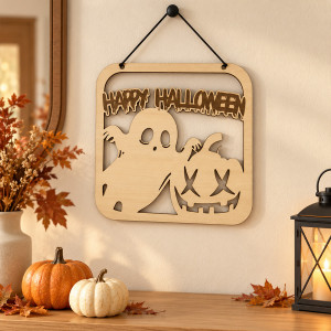 Décoration Halloween en bois Happy Halloween – Fantôme et citrouille Tendance Cadeau - 1