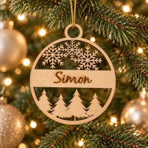 Boule de Noël Sapins et Flocons personnalisée en bois Tendance Cadeau - 1