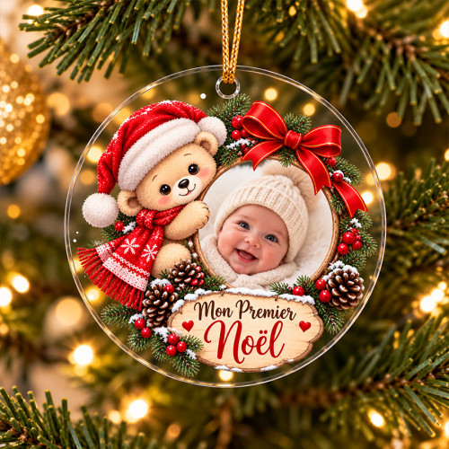 Boule de Noël personnalisée avec photo bébé – Ourson Mon Premier Noël Tendance Cadeau - 1