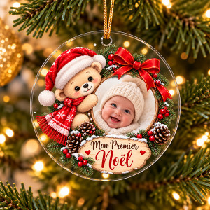 Boule de Noël personnalisée avec photo bébé – Ourson Mon Premier Noël Tendance Cadeau - 1