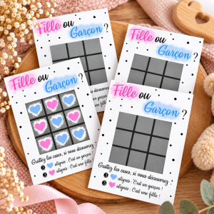 Lot de 4 cartes à gratter morpion garçon – Annonce originale du sexe de bébé Tendance Cadeau - 1