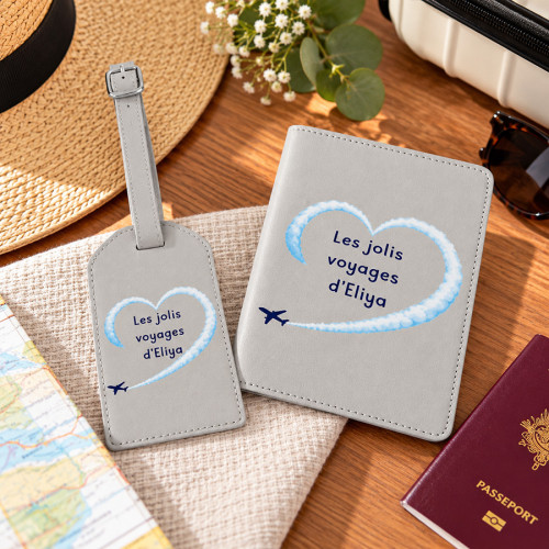 Protège-passeport et étiquette de bagage personnalisés – Modèle Avion Cœur  - 2