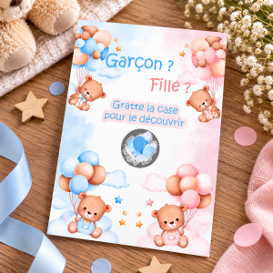 Carte à gratter garçon – Oursons et ballons bleus révélation sexe bébé Tendance Cadeau - 1