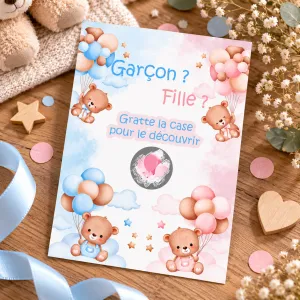 Carte à gratter fille – Oursons et ballons roses révélation sexe bébé Tendance Cadeau - 1