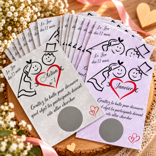 Jeu des 12 mois gris et violet – 24 cartes à gratter pour animation de mariage Tendance Cadeau - 1