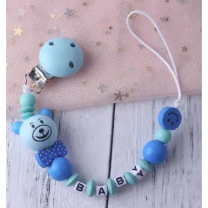 Attache-tétine et anneau de dentition en bois modèle Baby bleu Tendance Cadeau - 1