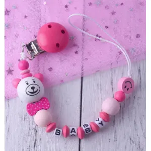 Attache tétine et anneau de dentition en bois modèle Baby rose Tendance Cadeau - 1