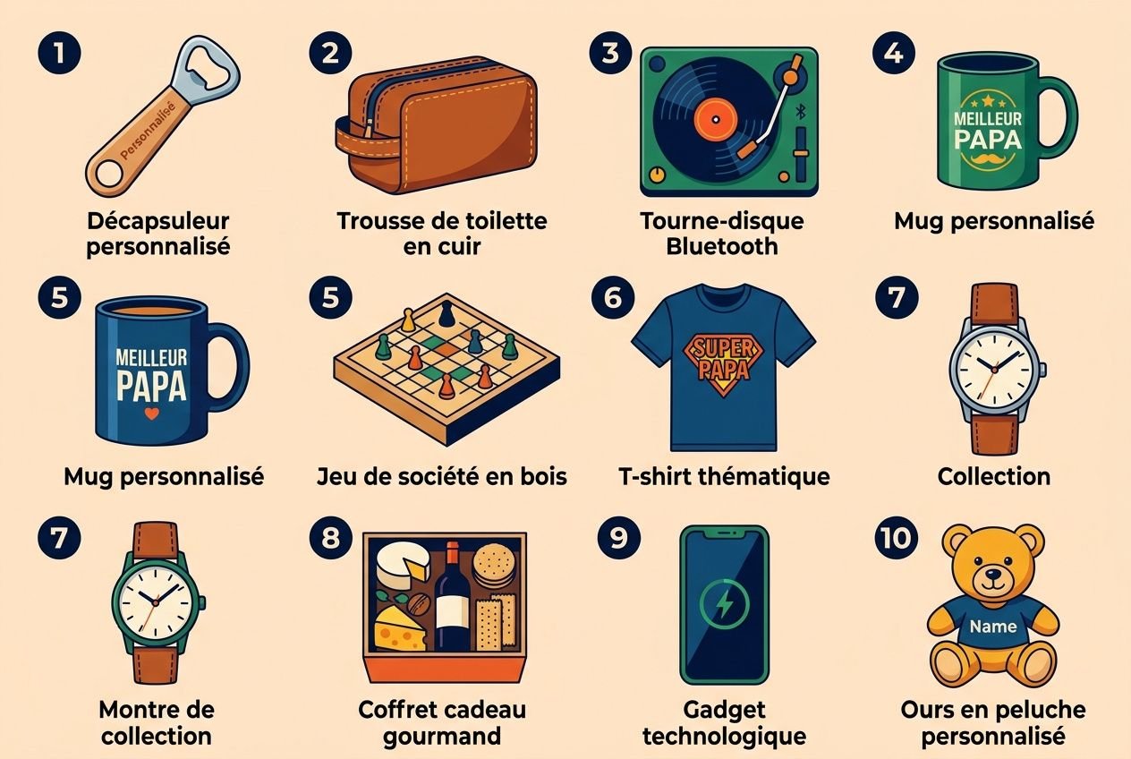 10 idées cadeaux papa original : mugs, montres et coffrets gourmands illustrés pour la fête des pères.