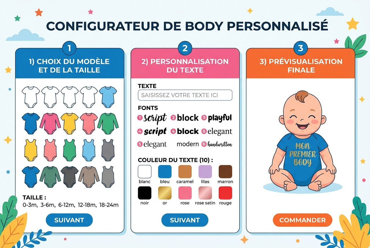 Alt text: Guide graphique “Configurateur de body personnalisé” montrant 3 étapes: choix du modèle et taille, personnalisation du texte (polices et couleurs), et prévisualisation finale d’un body bébé bleu avec le texte “MON PREMIER BODY”.
