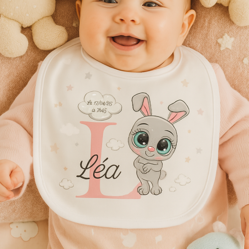 Bavoir blanc avec un dessin de lapin et le prénom Léa sur fond rose.