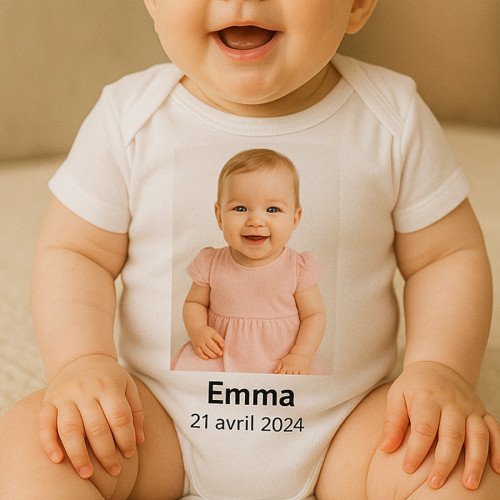 Un bébé porte un body blanc avec une photo et le prénom Emma et la date 21 avril 2024.